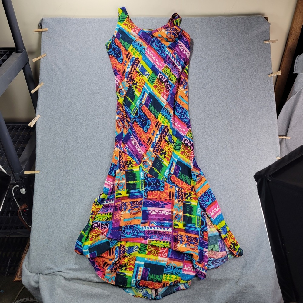 Vintage Jams World Harmony Whimsical Print Maxi Dress Large L Rayon Hawaii USA